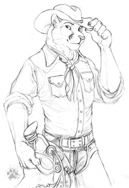 5_fingers anthro belt chaps claws clothed clothing cowboy cowboy_hat finger_claws fingers fur hat headgear headwear kerchief looking_at_viewer male neckerchief neckwear rolled_up_sleeves saddle shirt simple_background solo topwear wearing_hat western whiskers white_background wild_west blotch scratches_volume_3 cougar felid feline mammal 2009 hi_res monochrome sketch traditional_media_(artwork)