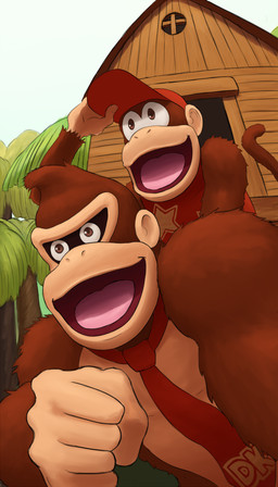 anthro bare_shoulders brown_body brown_eyes brown_fur building clothing conjoined_eyes derp_eyes detailed_background duo forest fur hat headgear headwear house jungle male muscular muscular_male necktie open_mouth plant tongue tree unknown_artist donkey_kong_(series) nintendo diddy_kong donkey_kong_(character) haplorhine mammal monkey primate 4:7 hi_res