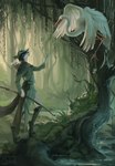 anthro archer avian bird canid fantasy feral fog forest hi_res landscape male mammal medwil nature plant solo swamp tree
