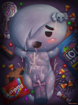 anal anal_penetration anus bag black_eyes blush bodily_fluids breath candy candy_corn cum cum_in_vagina cum_inside cum_on_body cum_on_face dessert female flat_chested food genital_fluids hair hair_over_eye loli lollipop looking_at_viewer lying navel nipples not_furry on_back one_eye_obstructed penetration smile solo white_body white_hair white_skin young young_female young_humanoid despairchanpu cartoon_network mars_incorporated skittles_(candy) the_amazing_world_of_gumball tootsie_roll carrie_krueger ghost humanoid spirit absurd_res digital_media_(artwork) full-length_portrait hi_res portrait signature