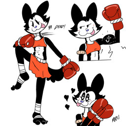 4_toes anthro biceps black_body black_fur bottomwear boxing_gloves clothing feet female floating_heart foot_wrapping foot_wrappings foot_wraps fur handwear heart_symbol kickboxing leg_wrap leg_wraps muay_thai muscular muscular_anthro muscular_female shorts smile smug_face smug_smile solo tassels text toes tongue tongue_out toony topwear white_body white_face white_fur wraps fellowthewulf chloe_(fellowthewulf) mammal 1:1 english_text hi_res model_sheet