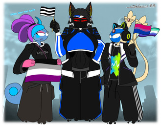 asexual_pride_colors bisexual_pride_colors bottomwear clothing electronics exposed_belly group headphones hetero_pride_colors hoodie lgbt_pride machine pants pride_colors screen screen_face standing straight_pride_colors topwear trio vincian_pride_colors alphaismo lgbt_pride_month nintendo pokemon dub_yeetum_(alphaismo) yn001_lumien_(alphaismo) android azelf drizzile felid generation_4_pokemon generation_8_pokemon humanoid legendary_pokemon mammal pokemon_(species) robot shiny_pokemon hi_res