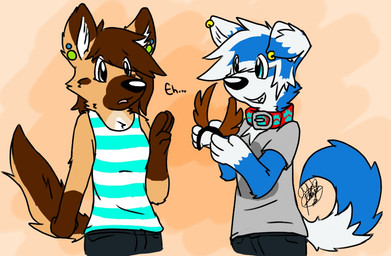 accessory anthro biped black_nose blue_body blue_ears blue_eyes blue_fur blue_hair bottomwear brown_body brown_ears brown_fur brown_hair clothing collar dialogue duo ear_piercing ear_ring eye_through_hair female floppy_ears fur grey_eyes grin hair headband looking_at_another male multicolored_body multicolored_ears multicolored_fur multicolored_hair open_mouth pants piercing red_collar ring_piercing shirt simple_background smile t-shirt tan_body tan_ears tan_fur tank_top text topwear translucent translucent_hair two_tone_body two_tone_ears two_tone_fur two_tone_hair unsure white_body white_ears white_fur white_hair white_inner_ear gaokun border_collie canid canine canis collie domestic_dog herding_dog hybrid mammal nordic_sled_dog pastoral_dog samoyed sheepdog spitz 2015 english_text watermark