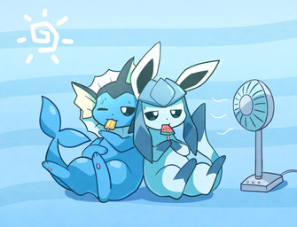 ambiguous_gender blue_body blue_eyes bodily_fluids dessert duo eating eating_ice_cream feral food ice_cream one_eye_closed pupils quadruped sitting sweat tail white_pupils komanyachi nintendo pokemon eeveelution generation_1_pokemon generation_4_pokemon glaceon pokemon_(species) vaporeon cel_shading colored digital_drawing_(artwork) digital_media_(artwork) hi_res shaded