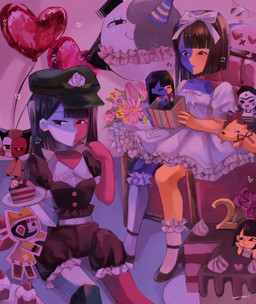 ambiguous_gender anthro asymmetrical_hair balloon bangs black_eyes black_hair blue_body blunt_bangs bottomwear chibi clothed clothing cutlery dress eyebrows female floating_head food fork group hair hat headgear headwear inflatable kitchen_utensils micro multicolored_body red_body shorts sitting smile tools topwear two_tone_body whiskers white_body white_clothing white_topwear yellow_body usagimarumei ena:_dream_bbq ena_(series) ena_(web_series) ena_(dream_bbq) ena_(joel_g) full-happiness_ena hourglass_dog_(ena) merci_(ena) mezo_(usagimarumei) moony_(ena) shepherd_(ena) taski_maiden_(ena) canid canine canis domestic_cat domestic_dog ena_(species) felid feline felis humanoid living_moon mammal sphere_creature digital_media_(artwork) hi_res