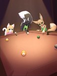 5_ball 5_fingers 6_ball 8_ball 9_ball anthro ball big_tail billiard_ball billiard_table black_body black_fur blonde_hair brown_eyes clothing collarbone cue_ball cue_stick dipstick_tail female fingers fluffy fluffy_tail front_view fur furniture gesture gloves_(marking) green_clothing green_eyes green_shirt green_t-shirt green_tank_top green_topwear group hair hand_gesture inner_ear_fluff light male markings multicolored_body multicolored_fur multicolored_tail neck_tuft pink_clothing pink_shirt pink_t-shirt pink_topwear pointing shirt slim_anthro slim_female smile t-shirt table tail tail_markings tan_body tan_fur tank_top topwear tuft two_tone_body two_tone_fur white_body white_fur young psi_(artist) nintendo pokemon ann_(psi) lemmy_(lemmy_niscuit) tahla_(tahla) domestic_cat eevee felid feline felis generation_1_pokemon mammal mephitid pokemon_(species) skunk spotted_skunk 3:4 absurd_res hi_res