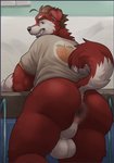 2018 absurd_res alaskan_malamute anthro anus backsack balls big_anus big_balls big_butt biped black_nose bottomless brown_eyebrows brown_hair butt canid canine canis clothed clothing digital_media_(artwork) domestic_dog eyebrows floppy_ears fur gausswolf genitals glitter_trap_boy grin hair hi_res huge_anus huge_balls looking_at_viewer looking_back looking_back_at_viewer male mammal multicolored_body multicolored_fur multicolored_tail nordic_sled_dog perineum pink_anus rear_view red_body red_fur red_tail saggy_balls shirt short_hair smile solo spitz standing tail teeth topwear two_tone_body two_tone_fur two_tone_tail white_balls white_body white_fur white_perineum white_tail