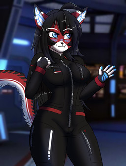 antenna_hair anthro black_hair black_jumpsuit black_markings black_nose blue_eyes blush blush_lines breasts clothing curvy_figure cybernetics detailed_background dipstick_ears ear_markings eyelashes fangs female fingerpads fingers fur hair happy hourglass_figure jumpsuit long_hair looking_aside looking_away machine markings multicolored_body multicolored_ears multicolored_fur pawpads pointy_ears prick_ears red_body red_fur science_fiction_background small_waist smile solo tail tail_markings teeth white_body white_fur white_sclera zipper unknown_artist ara_(fluff-kevlar) android cyborg felid feline mammal robot hi_res