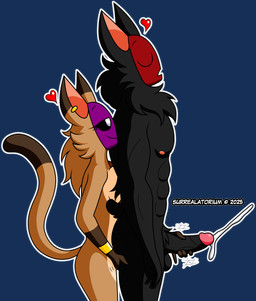 abs anal anal_fingering anthro balls black_body black_fur bodily_fluids breasts breasts_against_back brown_body brown_fur cum dipstick_ears dipstick_tail duo ear_markings ear_piercing erection eyes_closed female fingering fur genital_fluids genitals gesture gloves_(marking) handjob heart_symbol larger_male long_tail looking_pleasured male male/female male_penetrated markings mask multicolored_ears nipples nude open_mouth penetration penile penis piercing purple_mask raised_finger raised_pinky reach_around red_mask sex short_tail simple_background size_difference smaller_female smile tail tail_markings transparent_background surrealatorium abraham_wayne katherine_vanessa_price domestic_cat felid feline felis mammal 2025 absurd_res alpha_channel hi_res portrait three-quarter_portrait