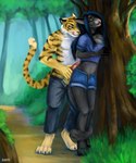 anthro barefoot biped blue_clothing blue_eyes blue_shirt blue_topwear bottomwear breasts clothed clothing detailed_background duo erection feet female fur genitals male male/female outside pants penis pink_nose pink_tongue plant shirt striped_body striped_fur stripes tongue topless topless_male topwear tree lora_mclaren domestic_cat felid feline felis mammal pantherine tiger 2021 hi_res