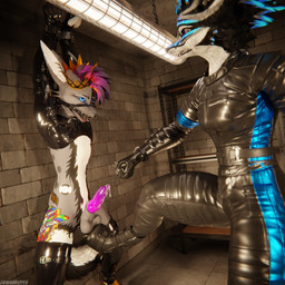 alternative_fashion animal_genitalia animal_penis anthro anthro_on_anthro arms_tied armwear attack ball_squeeze ballbusting ballbusting_induced_orgasm balls bdsm biped black_body black_boots black_clothing black_footwear black_fur black_shoes blue_body blue_fur blue_penis bodily_fluids bondage boots bottomwear bound canine_genitalia canine_penis claws clothed clothing cock_and_ball_torture crotch_attack crotch_kick cuffs_(clothing) cum cum_dripping_from_penis cumshot depth_of_field dominant duo ejaculation erection footwear fur gag gagged genital_fluids genital_torture genitals goth goth_boots grey_body grey_fur hair inside jacket kick kicking_another kicking_balls knot latex latex_armwear latex_clothing latex_legwear latex_thigh_highs leather leather_boots leather_bottomwear leather_clothing leather_footwear leather_jacket leather_pants leather_topwear legwear male male/male multicolored_body muscular muscular_male open_mouth pain pants paws penis punk_boots reflection restraints sex shoes slim slim_anthro slim_male slim_sub smile standing submissive submissive_male tail thigh_highs topwear white_body white_fur dragonplayer dragonplayer_(character) nurse_nozzle canid canine canis fox hybrid jex mammal rexouium 1:1 3d_(artwork) absurd_res blender_(artwork) blender_cycles_(artwork) digital_media_(artwork) hi_res