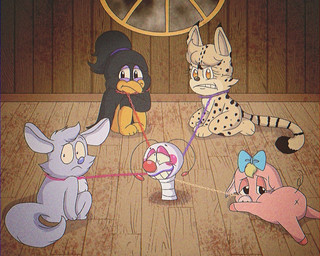 accessory anthro anus attic blood blood_stain bodily_fluids bound bow_ribbon chain chained chained_to_pole collar collar_only female feral fur group hair_accessory hair_bow hair_ribbon looking_at_viewer nude ribbons x_anus young saltypupcake avian bird chinchilla chinchillid corvid corvus_(genus) crow domestic_pig felid feline mammal oscine passerine rodent serval suid suine sus_(pig) 2024 5:4 digital_media_(artwork)