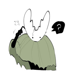 2_horns ambiguous_gender anthro black_body black_eyes cloak clothing dot_eyes green_cloak green_clothing horn question_mark raised_arm scratching scratching_head simple_background simple_eyes solo text white_background white_head 1280x720_(artist) hollow_knight_(franchise) team_cherry hollow_knight_(character) arthropod insect vessel_(species) 1:1 2025 colored digital_media_(artwork) hi_res korean_text sketch translated nonbinary_(lore)