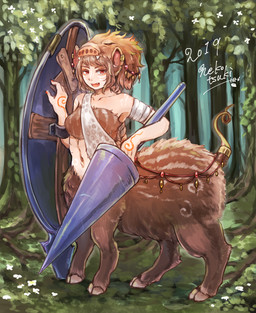 breasts brown_body brown_fur brown_hair eyelashes fangs female forest fur hair hooves lance melee_weapon navel open_mouth outside plant polearm red_eyes shield solo standing teeth tree weapon nekotsuki_th boar_taur humanoid_taur mammal mammal_taur suid suid_taur suine suine_taur sus_(pig) taur wild_boar 2019 signature