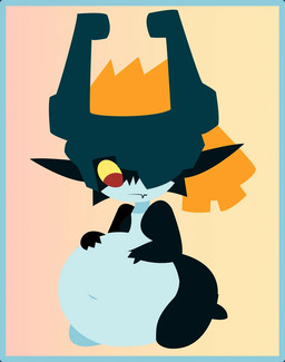 armor belly big_belly black_body fangs female hand_on_belly headgear helmet huge_belly humanoid_pointy_ears kneeling looking_down navel not_furry orange_eyes overweight overweight_humanoid pointy_ears red_eyes solo teeth white_body yellow_sclera smuggoblin nintendo the_legend_of_zelda twilight_princess midna humanoid imp twili 2025 digital_drawing_(artwork) digital_media_(artwork)