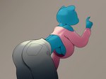 anthro bent_over big_breasts big_butt blue_body blue_ears blue_skin bottomwear breasts butt clothed clothed_anthro clothed_female clothing colored_nails crop_top cropped_sweater exposed_shoulder faceless_anthro faceless_character faceless_female female female_anthro fingernails fingers fully_clothed fully_clothed_anthro fully_clothed_female grey_background grey_bottomwear grey_clothing grey_pants leaning leaning_forward mature_anthro mature_female midriff nails pants pink_clothing pink_crop_top pink_shirt pink_sweater pink_topwear raised_finger shirt simple_background solo standing sweater three-quarter_view topwear under_boob upshirt white_fingernails white_nails nonesaint cartoon_network the_amazing_world_of_gumball nicole_watterson domestic_cat felid feline felis mammal 2022 4:3 absurd_res digital_media_(artwork) hi_res portrait three-quarter_portrait