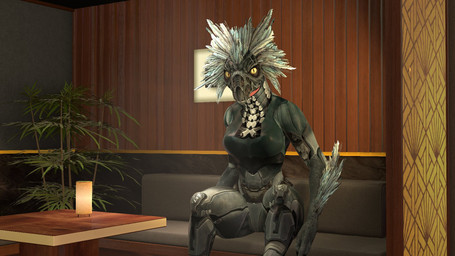 3_fingers anthro arm_feathers arm_tuft armor avian_caruncle beak blue_body blue_feathers bodysuit breasts clothing coffee_table feather_hair feathers female fingers furniture grey_body grey_feathers grey_scales inside looking_at_viewer non-mammal_breasts plant pseudo_hair pupils scales sitting skinsuit slit_pupils sofa solo table tight_clothing tuft waiting_room yellow_eyes moonify pickle_juice_(modeler) halo_(series) microsoft xbox_game_studios alien avian kig-yar scalie t'vaoan 16:9 3d_(artwork) colored digital_media_(artwork) hi_res widescreen