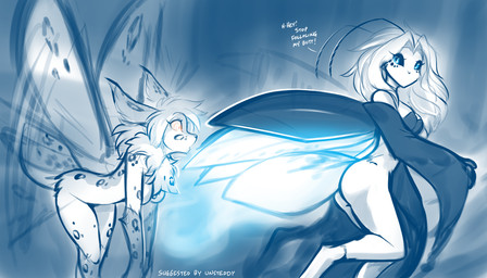 alternate_species antennae_(anatomy) anthro arthropod_abdomen biped black_sclera blue_eyes breasts brown_body brown_fur brown_hair brown_spots butt casual_nudity clothed clothed_anthro clothed_female clothing countershade_torso countershading digitigrade duo featureless_breasts female fingers fur glowing hair humor insect_wings looking_at_another looking_back looking_back_at_another markings mesmerized mouthless nude nude_anthro nude_female spots spotted_body spotted_fur stare white_body white_fur white_hair wings yellow_eyes conditional_dnp tom_fischbach twokinds kathrin_vaughan willow_wisp arthropod beetle elateroid firefly insect keidran lepidopteran moth will-o'-the-wisp 2026 7:4 blue_and_white digital_drawing_(artwork) digital_media_(artwork) hi_res monochrome sketch spot_color