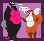 belly belly_poke big_belly bloated breasts duo female female/female food hair navel pie_tin red_hair rumbling_stomach slightly_chubby text thick_thighs strawberrymilkdog mythology april_(sherwoodboy) canid canine dragon fox mammal mythological_creature mythological_scalie scalie 2023 english_text hi_res