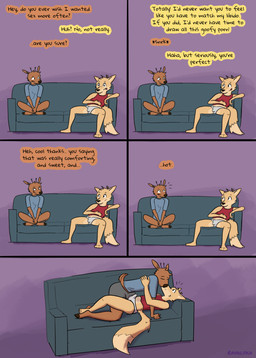 anthro antlers black_nose blue_clothing blue_shirt blue_t-shirt blue_topwear boxer_briefs briefs brown_body brown_fur clothed clothing dialogue duo erection erection_in_boxer_briefs erection_in_briefs erection_in_underwear erection_under_clothing fur furniture grey_boxer_briefs grey_clothing grey_underwear horn making_out male male/male pantsless pantsless_anthro pantsless_male purple_text reassuring red_clothing red_shirt red_tank_top red_topwear shirt sofa t-shirt tan_body tan_fur tank_top tenting text tighty_whities topwear underwear white_briefs white_clothing white_underwear ravalska poro_alska rav_alska canid canine deer fox mammal absurd_res comic english_text hi_res
