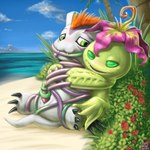 1:1 anthro bandai_namco beach blush claws detailed_background digimon digimon_(species) elemental_creature elemental_humanoid erection fangs female feral flora_fauna flower flower_on_head fur genitals gomamon green_body green_eyes green_sclera green_skin hair handjob hi_res humanoid looking_at_another male male/female mammal marine narrowed_eyes palm_tree palmon penile penis pink_flower pinniped plant plant_humanoid radasus red_hair restrained sand sea seal sex sitting spread_legs spreading teeth tentacle_on_penis tentacles tree vine_tentacles water white_body white_fur
