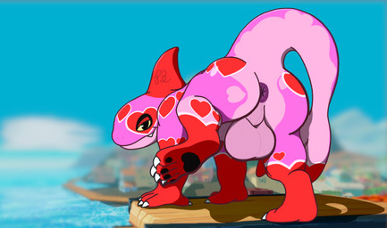 anus balls big_balls big_butt butt claws detailed_background feral genitals heart_(marking) heart_symbol hearts_around_head looking_at_viewer looking_back male markings one_foot_raised outside pawpads perineum pink_body presenting presenting_hindquarters quadruped raised_tail smile smirk solo tail toe_claws toony wood waniiime rivals_of_aether orcane aquatic cetacean dolphin mammal oceanic_dolphin orca toothed_whale hi_res