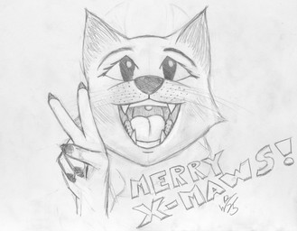 5_fingers ambiguous_gender anthro blush blush_lines cheek_tuft claws eyelashes facial_tuft fangs finger_claws fingers gesture hand_gesture holidays looking_at_viewer mouth_shot open_mouth pointy_ears prick_ears simple_background smile solo teeth text tongue tuft uvula v_sign whisker_spots whiskers white_background just_w christmas domestic_cat felid feline felis mammal 2025 absurd_res dated english_text graphite_(artwork) headshot_portrait hi_res monochrome portrait signature sketch traditional_media_(artwork)