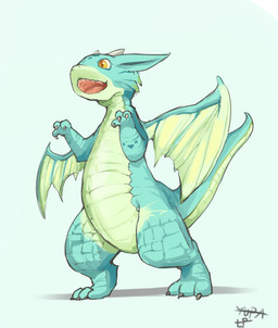 3_fingers 3_toes amber_eyes ambiguous_gender countershading feet fingers green_body green_scales horn kemono looking_forward membrane_(anatomy) membranous_wings multicolored_body multicolored_scales open_mouth scales simple_background solo standing tail toes two_tone_body two_tone_scales wings yupa mythology dragon mythological_creature mythological_scalie scalie full-length_portrait portrait