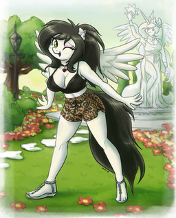 4_fingers 4_toes anthro back_wings black_camisole black_clothing black_hair black_topwear bottomwear breasts camisole cleavage clothed clothing detailed_background ear_piercing eyeshadow feathered_wings feathers feet female fingers flower footwear fur garden grass hair heart_necklace horn hotpants looking_at_viewer makeup midriff one_eye_closed open_mouth open_smile pattern_bottomwear pattern_clothing pattern_shorts piercing plant sandals sculpture shoes shorts shrub side_slit_dress smile solo statue street_lamp toes topwear tree white_body white_fur wings wink winking_at_viewer yellow_eyes king-kakapo friendship_is_magic hasbro my_little_pony mythology carrera_sky fan_character princess_celestia_(mlp) equid equine mammal mythological_creature mythological_equine pegasus winged_unicorn 2018 hi_res