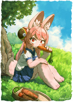 3_toes 5_fingers ahoge anthro barefoot blue_bottomwear blue_clothing blue_skirt blush bottomwear carrot claws clothed clothed_anthro clothed_female clothing cloud detailed_background eating eating_carrot eating_food feet female fingers flat_chested food fully_clothed fully_clothed_anthro fully_clothed_female fur grass hair inner_ear_fluff on_grass on_ground outside paws pink_body pink_fur pink_hair plant red_eyes scut_tail shirt short_tail sitting skirt sky solo tail toes topwear tree tuft vegetable white_clothing white_shirt white_topwear peppergecko72 mihoyo zenless_zone_zero zhao_(zenless_zone_zero) lagomorph leporid mammal rabbit thiren absurd_res hi_res