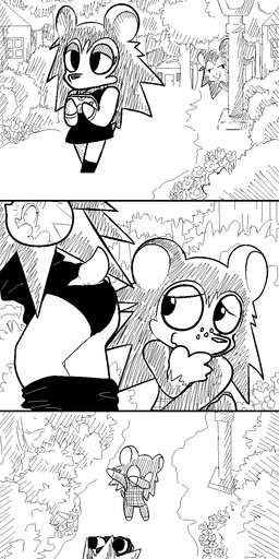 apron assisted_exposure bottomwear butt clothing dabbing embarrassed female forest freckles half-closed_eyes hand_on_face hiding holding_object narrowed_eyes open_mouth pantsing plant prank purse scarf shrub skirt smile street_lamp town tree tripping underwear unknown_artist animal_crossing nintendo label_able sable_able eulipotyphlan hedgehog mammal 2018 aliasing black_and_white comic digital_media_(artwork) hi_res meme monochrome sibling_(lore) sister_(lore) sisters_(lore)