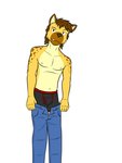 anthro bottomwear bottomwear_down boxer_briefs clothed clothing denim denim_bottomwear denim_clothing jeans male navel nipples pants pants_down partially_clothed simple_background solo topless underwear undressing white_background fuze fuzeyeen hyena mammal spotted_hyena 3:4 hi_res portrait three-quarter_portrait