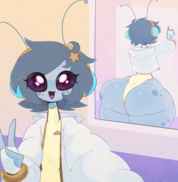 3_fingers accessory antennae_(anatomy) big_butt big_eyes bottom_heavy bottomwear butt clothing electronics female fingers gesture green_hair grey_body grey_skin hair hair_accessory hand_gesture headphones hoodie huge_butt huge_thighs meme_pose not_furry open_mouth open_smile phone purple_eyes selfie short_hair smile smiling_at_viewer solo standing thick_thighs topwear v_sign mysterydad mona_(mysterydad) alien alien_humanoid humanoid hi_res meme