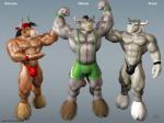 abs anthro barefoot biceps big_muscles black_hair blue_eyes brown_body brown_eyes brown_facial_hair brown_fur brown_hair bulge clothed clothing cloven_hooves facial_hair feet flexing fur green_eyes grey_body grey_fur grey_hair group hair hat headgear headwear hooves horn huge_muscles leg_tuft male mohawk musclegut muscular muscular_anthro muscular_male navel nipples pecs ring smile speedo standing swimwear teeth topless tuft vein white_body white_fur white_hair wrestling_singlet wristband braford gus_(braford) jack_(braford) oscar_(braford) bovid bovine cattle mammal 3d_(artwork) 4:3 digital_media_(artwork)