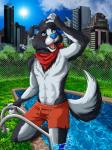 abs anthro ascot athletic athletic_anthro athletic_male biceps blue_eyes bulge clothed clothing detailed_background fur hair male ripple_lighting smile solo swimming_pool topless water wet padmenvy alexi_civitas canid canine canis domestic_dog mammal 2015 3:4 detailed hi_res