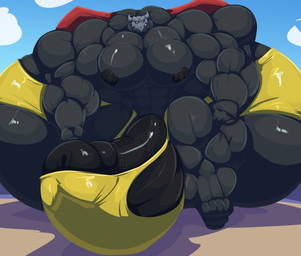 anthro balls barely_contained barely_contained_penis big_balls big_muscles big_penis clothed clothing genitals huge_balls huge_muscles huge_penis hyper hyper_balls hyper_genitalia hyper_muscles hyper_penis looking_at_viewer male mostly_onscreen muscular muscular_male outside penis solo thong thong_only topless underwear underwear_only bobert bandai_namco digimon agentshark cyberdramon digimon_(species) 2020 hi_res