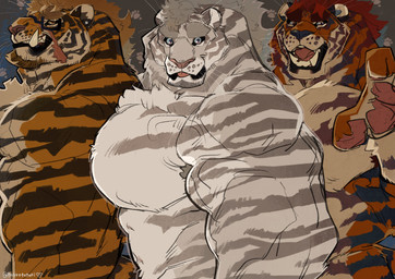 anthro barazoku blep eyewear eyewear_only glasses glasses_only group male muscular muscular_anthro muscular_male nude pawpads pink_pawpads tongue tongue_out trio wearing_glasses marototori felid mammal pantherine tiger absurd_res character_request colored hi_res signature