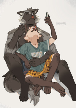 anthro black_body black_eyes black_fur duo electronics fur grey_body grey_fur holding_object holding_phone male male/male muscular muscular_anthro muscular_male phone slim_anthro slim_male tail tongue tongue_out white_body white_fur hemuchang shin_(hemuchang) canid canine canis domestic_dog fox mammal platinum_fox red_fox true_fox hi_res