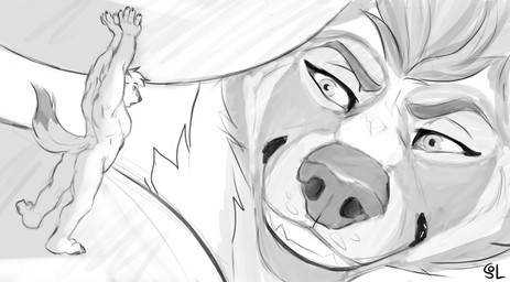 anthro butt cheek_tuft dipstick_tail duo extreme_size_difference eyebrows facial_tuft glistening glistening_eyes grin hair macro male male_anthro markings micro nude short_hair size_difference smile tail tail_markings tuft solaxe_(artist) canid canine mammal hi_res monochrome sketch