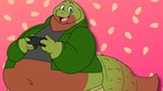 abstract_background ambiguous_gender anthro clothed clothing controller game_controller hyper obese open_mouth overweight smile solo jouigidragon watermelon_the_gecko gecko lizard reptile scalie 16:9 hi_res widescreen