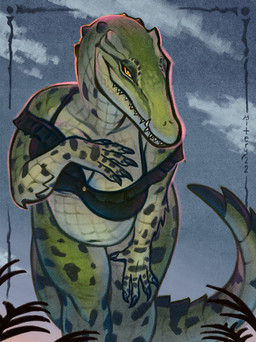anthro belly bent_over big_breasts black_body black_scales bra breasts cleavage clothed clothing female green_body green_scales long_tail looking_at_viewer pupils scales sharp_teeth slightly_chubby slightly_chubby_anthro slightly_chubby_female slit_pupils solo tail teeth thick_tail underwear yellow_body yellow_scales mitery22 crocodile crocodilian reptile scalie hi_res