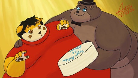 anthro belly birthday black_hair blue_eyes brown_body brown_eyes brown_fur cake clothing dessert duo fat_arms food fur glowing glowing_eyes hair hat headgear headwear love_handles male male/male moobs morbidly_obese morbidly_obese_anthro morbidly_obese_male nipples nude obese obese_anthro obese_male overweight overweight_anthro overweight_male pawpads simple_background sweater topwear yellow_body yellow_fur antares_alexanyel five_nights_at_freddy's scottgames freddy_(fnaf) rowan_the_dog bear bird_dog canid canine canis domestic_dog golden_retriever hunting_dog mammal retriever 16:9 hi_res widescreen