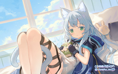 blue_hair book cape clothing dress female green_eyes hair plushie sky solo tail window cloneko_(zelmeledf2) arknights hypergryph studio_montagne rosmontis_(arknights) animal_humanoid cat_humanoid felid felid_humanoid feline feline_humanoid humanoid mammal mammal_humanoid 2025 absurd_res hi_res