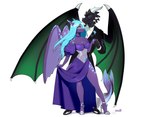 anthro black_tie_(suit) blue_hair breasts clothed clothing dancing dress duo elegant female footwear hair high_heels horn jewelry long_hair male male/female membrane_(anatomy) membranous_wings pose romantic shoes simple_background smile suit tail thick_thighs wings waltz zhadart mythology dragon mythological_creature mythological_scalie scalie digital_media_(artwork) hi_res pinup