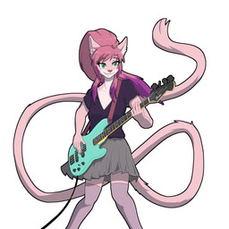 anthro bass_guitar bottomwear clothing female green_eyes guitar hair legwear long_tail multicolored_hair musical_instrument pink_body pink_hair playing_music plucked_string_instrument ponytail skirt smile solo string_instrument tail teeth thigh_highs two_tone_hair jannifer janie_(jannifer) domestic_cat felid feline felis mammal 1:1 hi_res trans_(lore) trans_woman_(lore)
