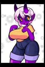 2_horns 5_fingers big_breasts blinking bottomwear bouncing_breasts breasts circle_eyebrows clothed_female clothing denim denim_bottomwear denim_clothing eyebrows eyelashes female fingers front_view hair horn humanoid_pointy_ears jeans looking_aside mouth_closed open_mouth open_smile orange_eyes pants paw_pose pose purple_body purple_ears purple_face purple_horn purple_skin shirt short_hair small_eyebrows smile solo t-shirt topwear white_eyebrows white_hair wide_hips yellow_clothing yellow_eyes yellow_shirt yellow_t-shirt yellow_topwear qwerty_soda lulu_(crelaytionist) demon 2022 2:3 animated digital_media_(artwork) loop no_sound portrait short_playtime three-quarter_portrait webm