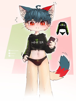 4_fingers anthro black_clothing black_hoodie black_panties black_topwear black_underwear blush bodily_fluids bottomwear cat_tail clothed clothing crop_top dipstick_tail electronics fingers fur green_body green_ears green_fur green_hair green_tail hair half-closed_eyes holding_object holding_phone hoodie inner_ear_fluff logo_on_clothing male markings multicolored_body multicolored_ears multicolored_fur multicolored_tail narrowed_eyes nervous nervous_look nervous_sweat panties phone red_body red_ears red_eyes red_fur red_tail shirt simple_background solo standing sweat sweatdrop tail tail_markings tan_body tan_fur topwear tuft underwear whiskers white_inner_ear white_inner_ear_fluff bikabe3m yobotaji_(bikabe3m) domestic_cat felid feline felis mammal 2026 3:4 digital_media_(artwork) watermark