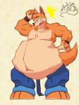 abdominal_bulge ambiguous_gender ambiguous_prey anthro belly belly_expansion big_belly clothed clothing expansion inflation male male_pred navel overalls reluctant_pred simple_background solo topless vore willing_prey conditional_dnp tanookicatoon wuffle_(webcomic) wuffle canid canine canis mammal wolf 3:4 orange_theme