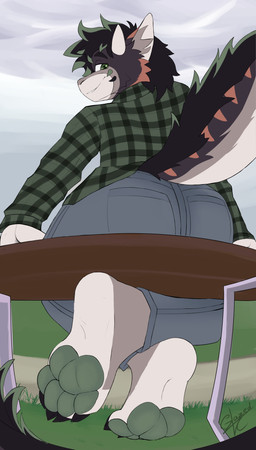 anthro big_butt butt clothing cloud cloudy_sky feet fluffy foot_fetish foot_focus fur grass green_clothing horn looking_at_viewer looking_back looking_back_at_viewer low-angle_view male pawpads paws plant sitting sky solo glazedvc mythology aylan_(character) dragon furred_dragon furred_scalie mythological_creature mythological_scalie scalie absurd_res hi_res