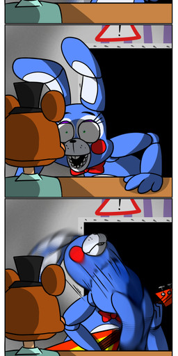 anthro bow_(feature) bow_tie clothing duo_focus electric_guitar food group guitar hat headbanging headgear headwear machine mask musical_instrument open_mouth pizza plucked_string_instrument string_instrument surprised top_hat unknown_artist five_nights_at_freddy's five_nights_at_freddy's_2 scottgames jeremy_fitzgerald marionette_(fnaf) toy_bonnie_(fnaf) animatronic lagomorph leporid mammal rabbit robot robot_anthro absurd_res comic digital_media_(artwork) hi_res long_image tall_image